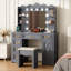 Dressing Table with 3-Color Lighting Mirror, Outlets, Stool, Storage Drawers and Cabinet-938763619