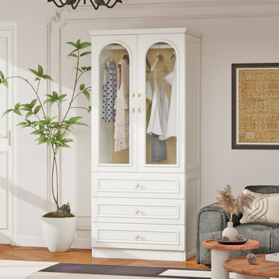 100% Solid Wood Armoire Closet with 3 Drawers & Hanging Rod, White by Lark Manor