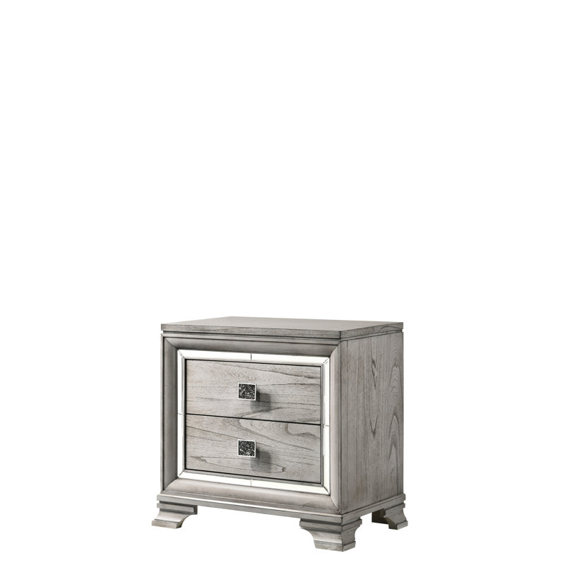 Table de chevet en bois massif gris avec 2 tiroirs et finition élégante en miroir 2 accents - Tenace