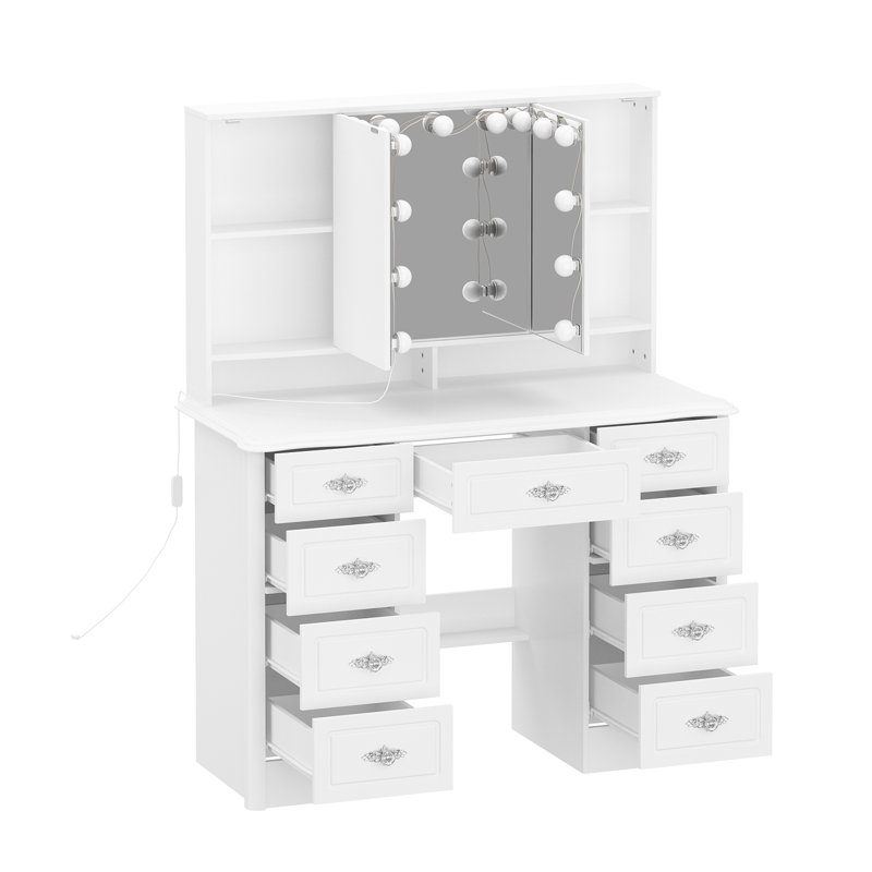 Meuble-lavabo blanc l 43,3 po avec miroir lumineux, 9 tiroirs, port USB et miroirs latéraux réglables