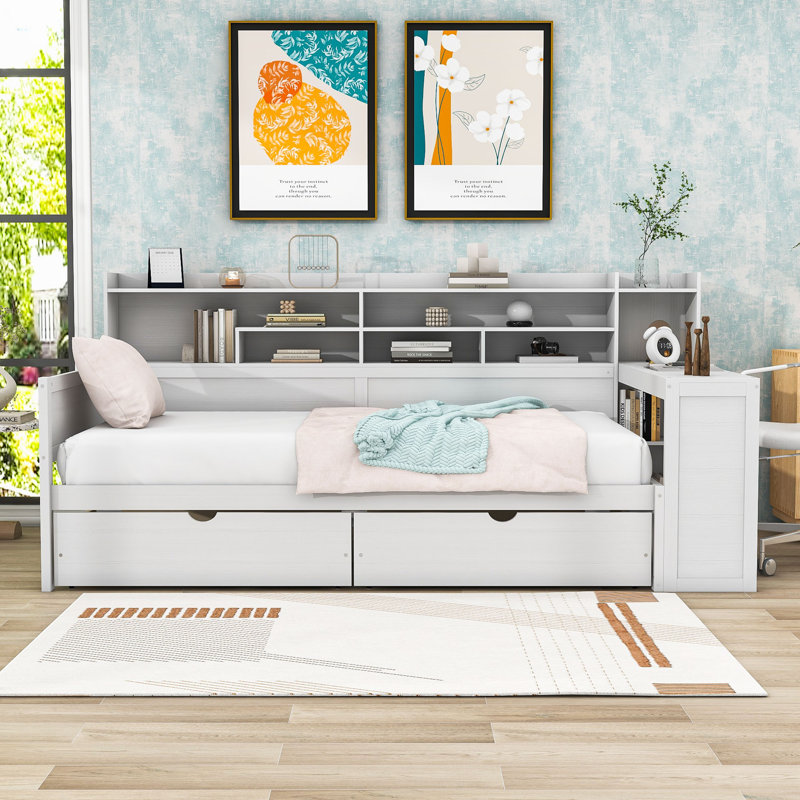 Wood 2 Drawers Daybed with Built-in Desk and Storage Shelves, Twin, Antique White