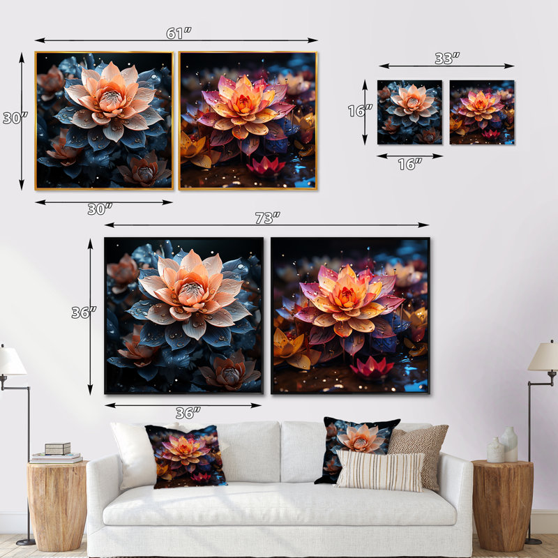 Fleurs de lotus dansant sous la pluie - lot de 2 lotus carrés, Cadre flottant noir, H 16 po x l 33 po