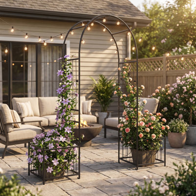 Treillis de jardin en métal avec pots à fleurs, support de plante arche antirouille pour grimper des vignes roses, arche de jardin décorative pour entrée de mariage pour patio, jardin, noir