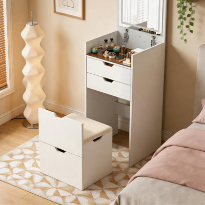 Ensemble de coiffeuse 3-en-1 avec tabouret, miroir rabattable et 3 lumières de couleur
