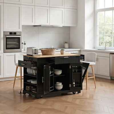 Îlot de cuisine encastré noir, mobile avec roulettes, rangement multifonctionnel et compatible avec les poubelles de 10 gallons pour plus de commodité.