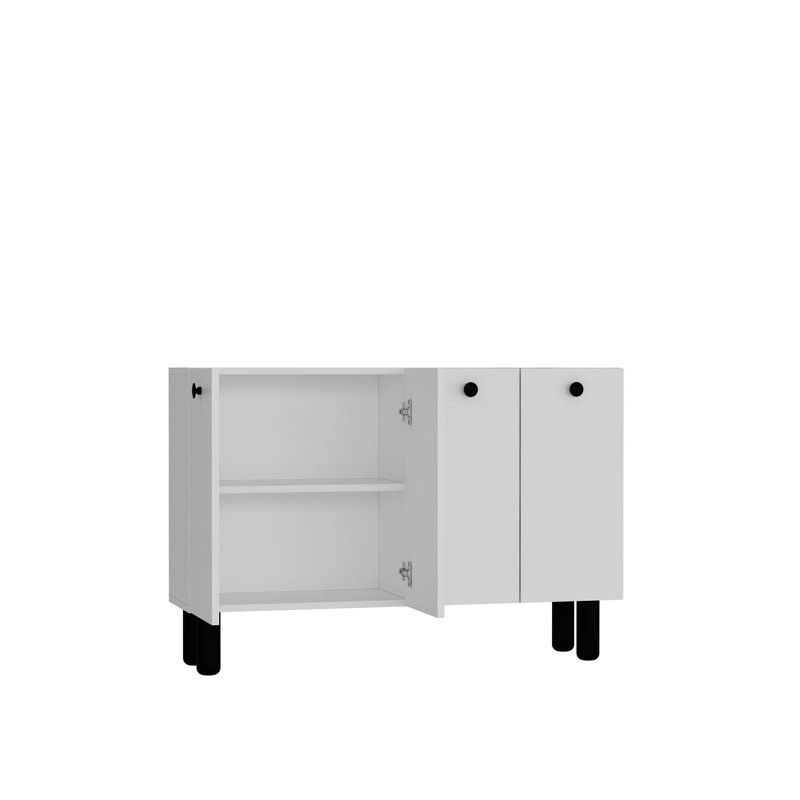 Buffet moderne à 4 portes avec pieds cylindriques et boutons ronds, Blanc/Noir