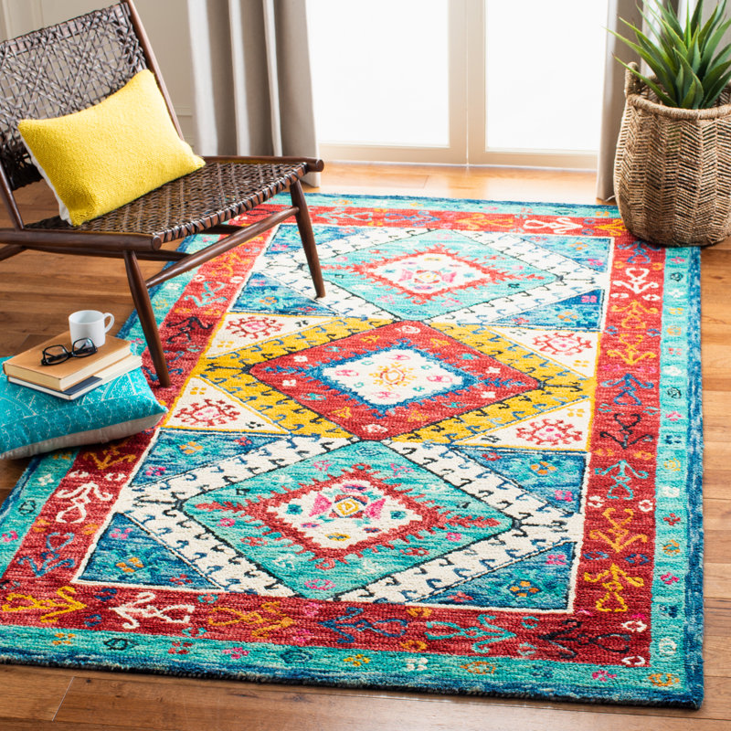 Farmingville Hand Tufted Wool/Cotton Southwestern Rug in Blue/Rust, Rectangle 5' x 8'