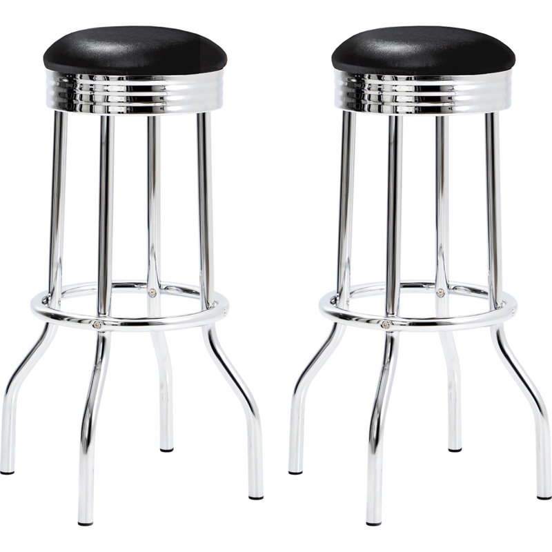Tabourets de bar (2) - style rétro, similicuir, siège avec revêtement noir 2, pieds, motif uni, Noir
