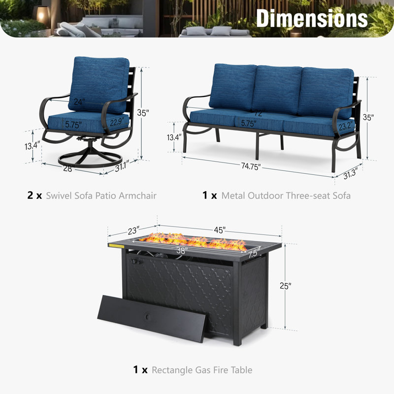 Tapasi 5 - Person Patio Conversation Set with Swivel Lounge Chairs &  Firepit Table, Peacock Blue