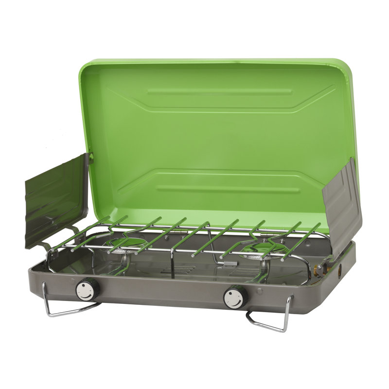 Flame King 2-Burner Portable Camping Stove Grill, Compatible with 1LB Propane Tanks