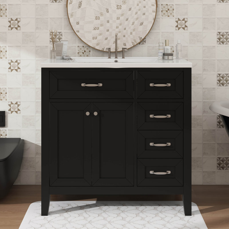 Meuble-lavabo simple 36 po avec tiroirs pratiques, Blanc, Noir