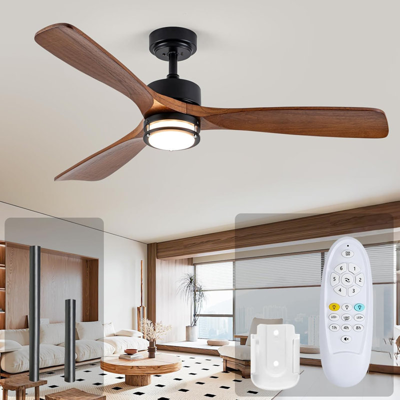 Ventilateur de plafond extérieur 52 po avec lumière, 3 pales en bois de noyer massif, télécommande, DEL à intensité variable 3 CCT, minuterie, moteur réversible à 6 vitesses toutes saisons pour le salon ou la terrasse