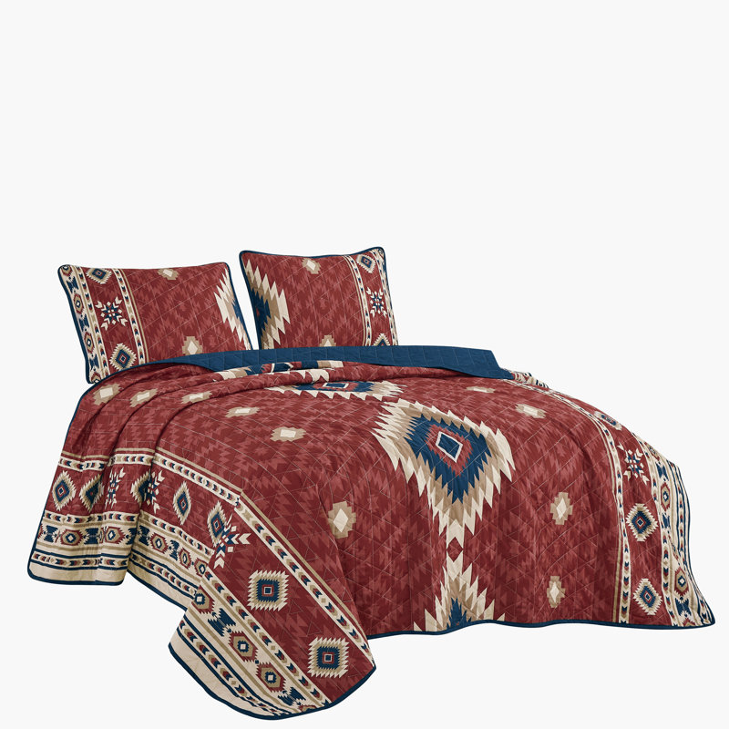 Ensemble de couvre-lit réversible en microfibre à imprimé aztèque 3 pièces rouge et bleu marine, grand, Cachemire rouge