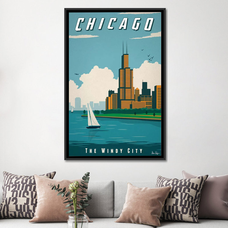 Chicago-impression d’art graphique, Pas de tapis, H 60 po x l 40po x P 1,5 po, Toile avec cadre noir