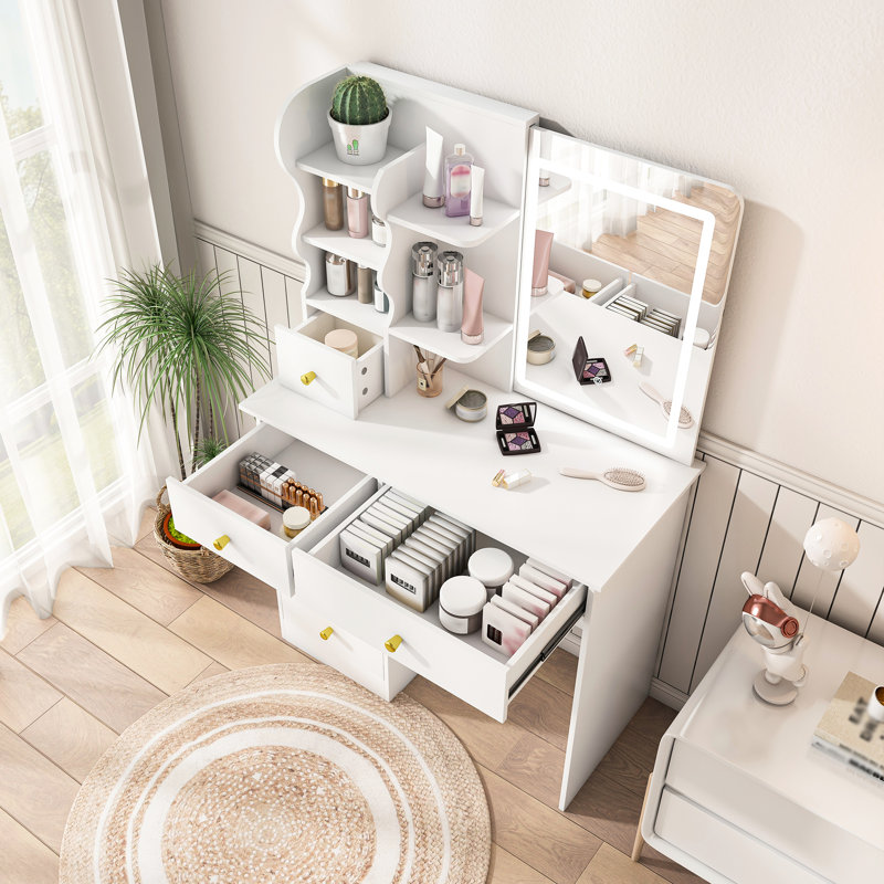 Meuble-lavabo à 5 tiroirs avec miroir mobile et caché, écran tactile 3 couleurs, idéal pour les petits espaces de chambre à coucher, éclairage de bureau blanc réglable, grandes brosses à maquillage de rangement