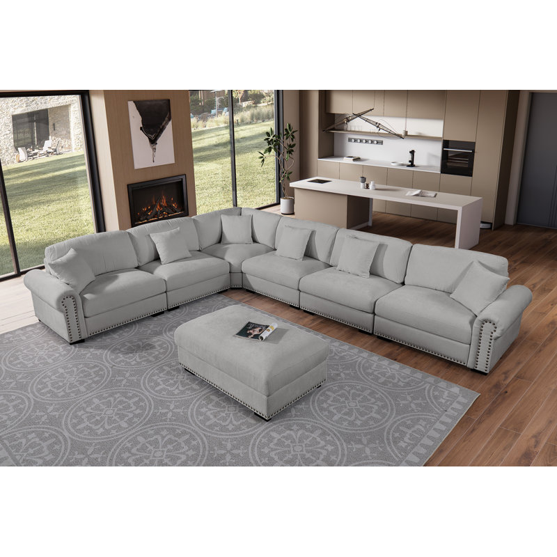 Errett Upholstered 7-Seats Cloud Corner Sectional Sofa, Light Gray Polyester