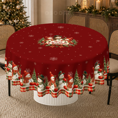 Christmas Snowman Tablecloth, Red with Plaid Border