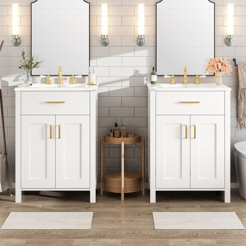 Ensemble de meuble-lavabo double 48 po avec lavabos en céramique, solution de rangement de salle de bain moderne, Blanc