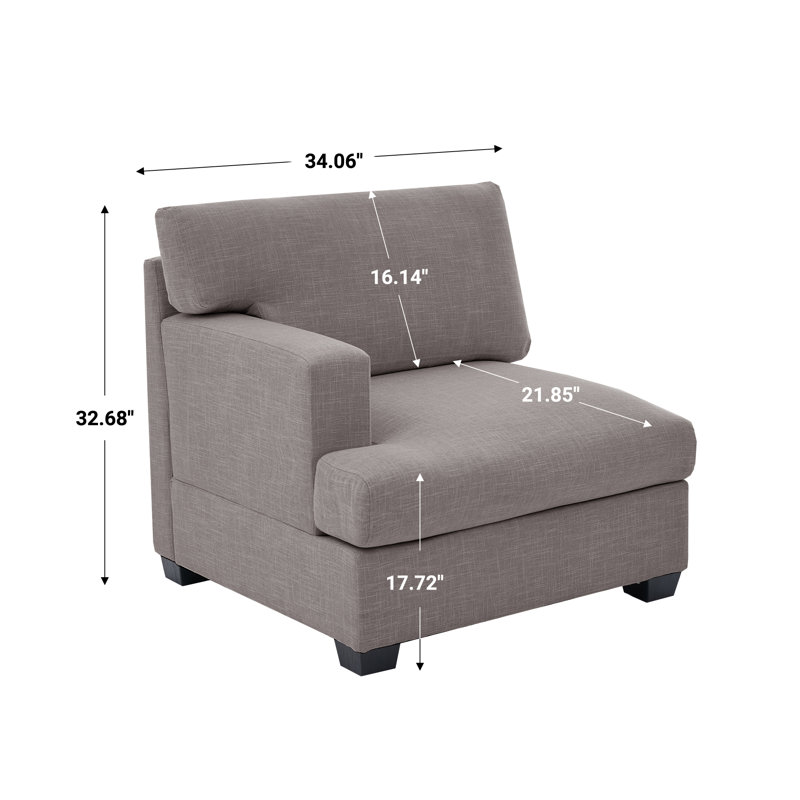 Fauteuil modulaire avec accoudoir gauche avec coussin en T et canapé en tissu texturé en lin, Mélange de polyester gris