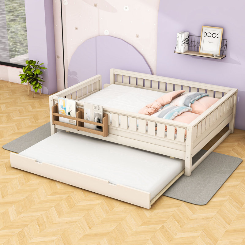 Charmant lit plateforme avec bibliothèque de chevet et lit gigogne coulissant, Queen, Beige