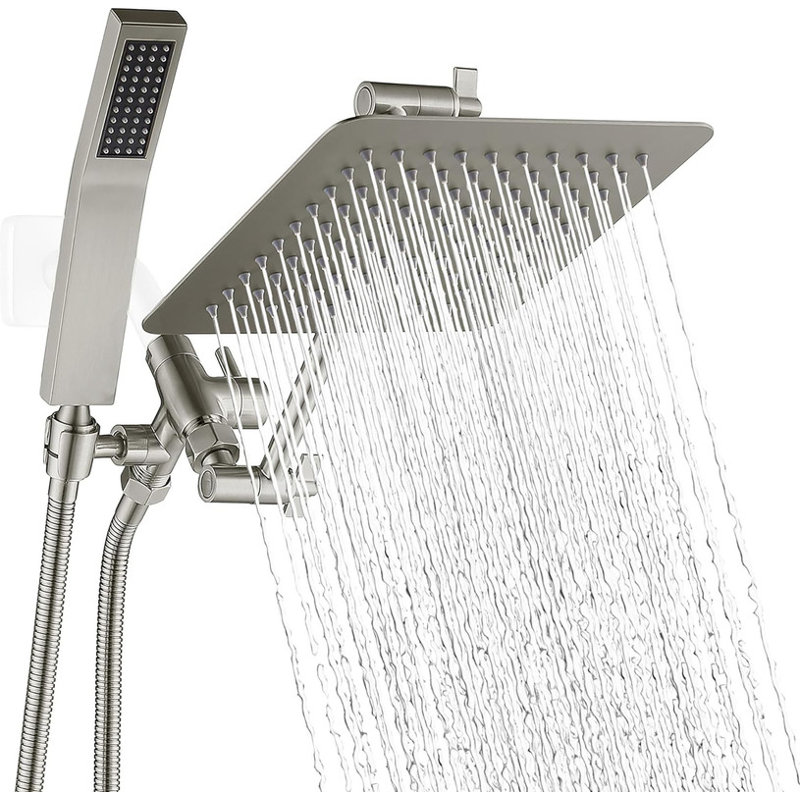 Brushed Nickel Dual Square Rain Shower Head with Handheld Wand
