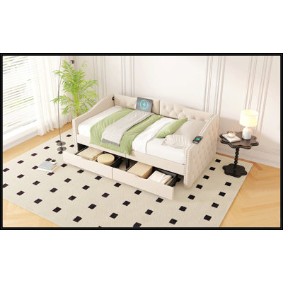 Upholstered Daybed With Storage Drawers, Wood Twin Size, USB Ports, No Box Spring Needed, BEIGE
