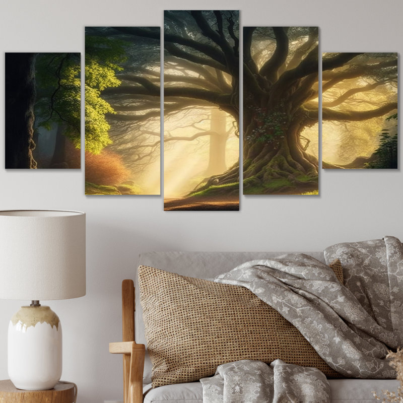 Soleil à travers les branches de l'arbre majestueux - Forest Wall Art Living Room - 5 panneaux