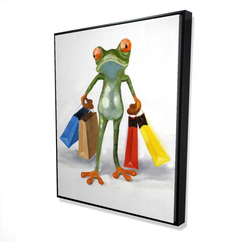 «Drôle de grenouille avec des sacs de magasinage» sur toile