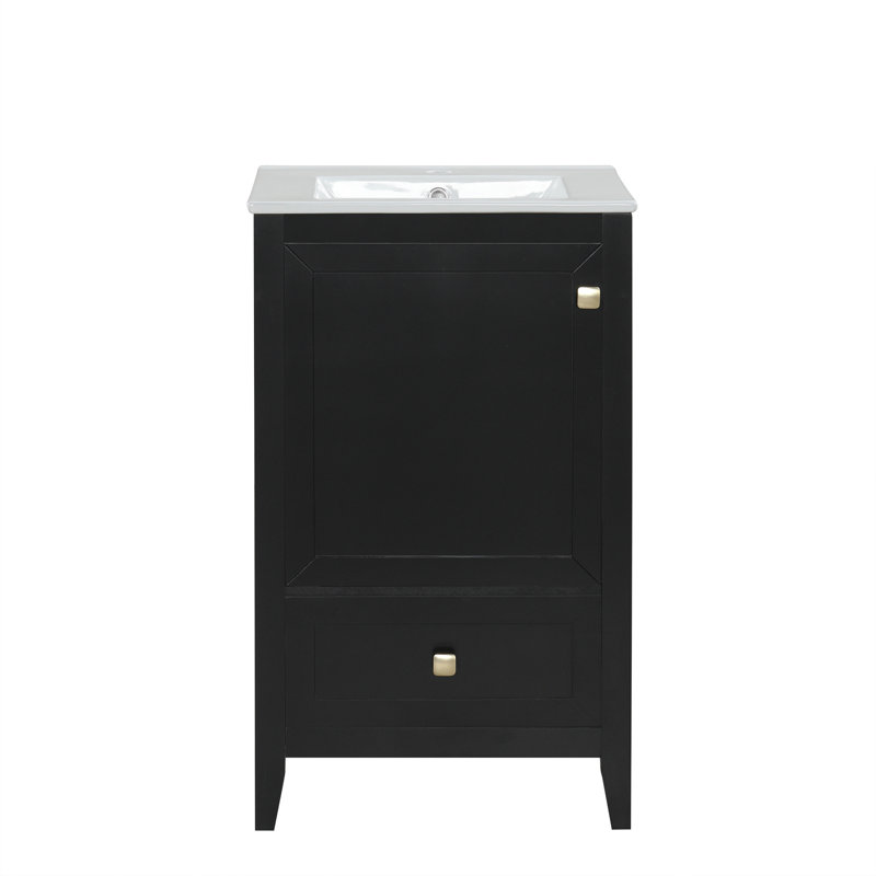 Meuble-lavabo de 20 po avec lavabo, armoire de salle de bain avec porte à fermeture douce, support de rangement et tiroir, noir