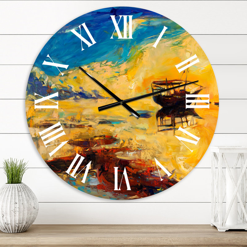 Bateau à l'horizon de l'océan pendant le coucher du soleil - horloge murale nautique et côtière, Surdimensionné