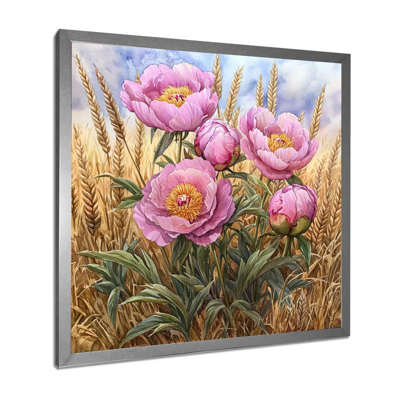Pe pivoines dans le champ de blé III - pivoines, art mural sur toile, H 16 po x l 16 po, Argent argent