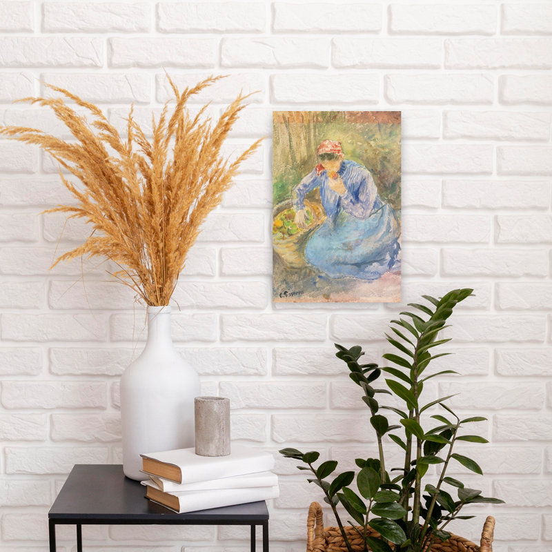 Paysanne en mer avec panier de pommes - Affiche murale abstraite contemporaine, H 18 po x l 12 po