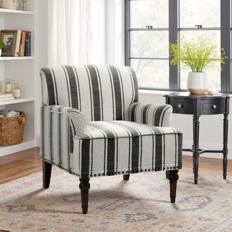 Iliana Upholstered Black Stripe Cotton Blend Armchair with Solid Wood Legs and Nailhead Trim, Black Stripe Linen Blend