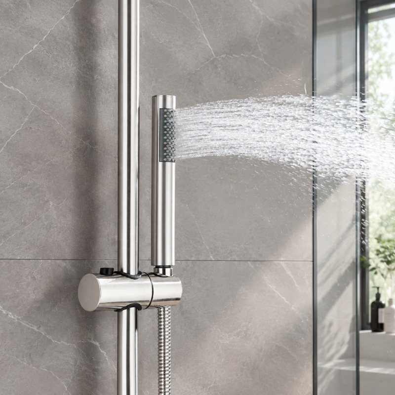 Brushed Nickel Outdoor Shower Kit, SUS304 Stainless Steel Exposed Wall-Mounted Shower Fixture with 8-Inch Round Rain Shower Head & Handheld Spray,  Single Handle, for Yard, Pool, Seaside or Indoor