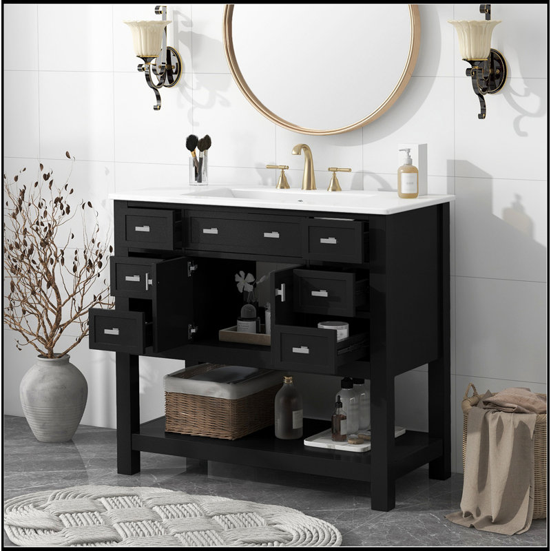 Meuble-lavabo 36 po avec lavabo supérieur, armoire de rangement moderne avec 2 portes à fermeture douce et 6 tiroirs, meuble-lavabo simple