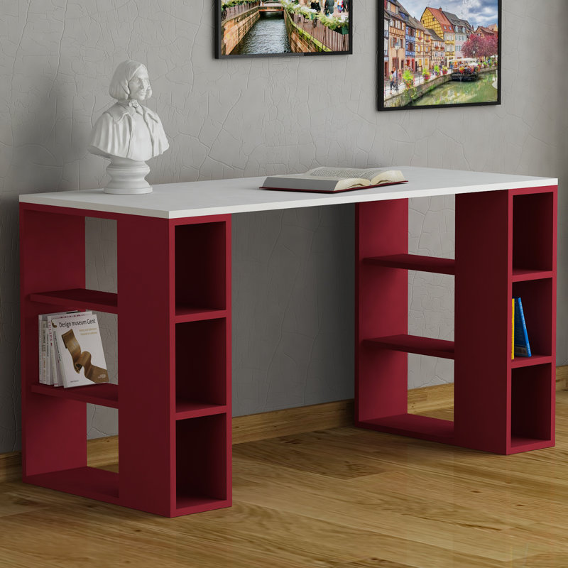 Simone Modern Desk with Built-in Bookcase – Stylish Workspace Desk with 6 Open Shelves, Light Mocha, White