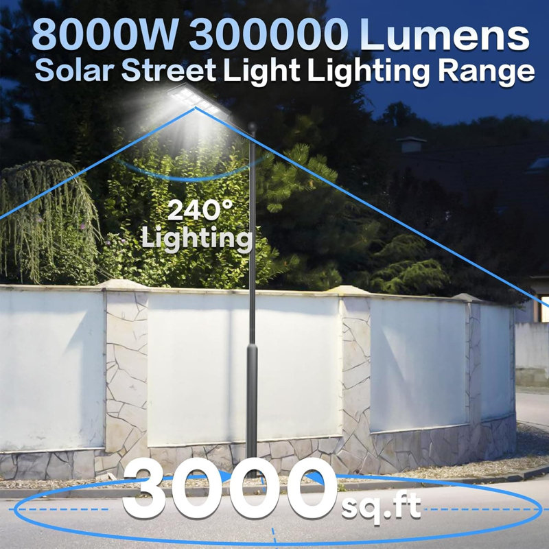 Réverbère solaire 8 000 W avec capteur de mouvement et télécommande, lumières solaires extérieures imperméables IP67 pour cour, parc de stationnement, garage, éclairage de sécurité Dusk To Dawn