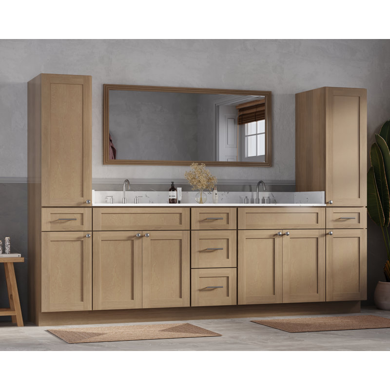 Meuble-lavabo double autoportant de 105 po avec deux armoires à linge hautes, comptoir en quartz de Carrare, 5 tiroirs