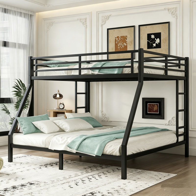 Structure de lit superposé en métal grand avec très grand lit avec échelles latérales et garde-corps pleine longueur, lit superposé robuste, lit superposé en métal robuste, sans sommier, cadre de lit durable pour chambre à coucher, dortoir, noir