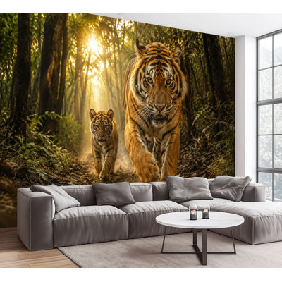 Wall Mural Peel and Stick Wallpaper Majestic Tigers Walking Sunlit Jungle Self-Adhesive Removable Contact Paper Wall Decor for Living Room Bedroom 100"H x 144"W
