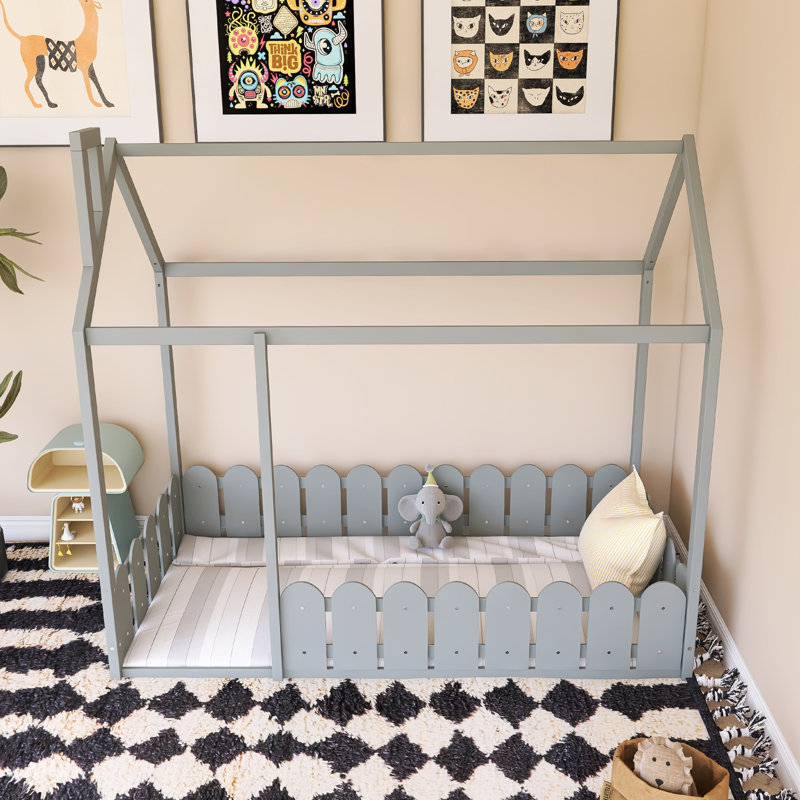 Wood Bed House Bed Frame With Fence, Gray , Twin