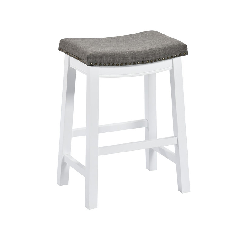 Tabouret de bar sans dossier Bellea Vita en bois massif avec garniture cloutée (lot de 2), Blanc