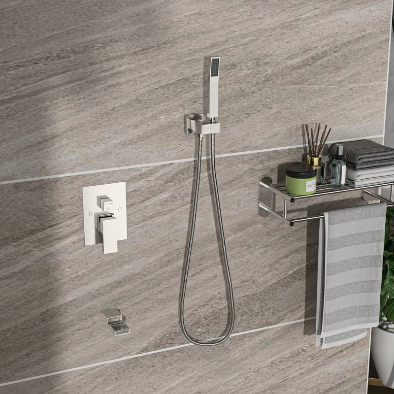 Système de douche avec bec de baignoire en cascade en nickel brossé - Fixation murale 10 po, carrée, 3 fonctions, douche à effet pluie, à main, ensemble de fonctions en nickel carré, outil supérieur