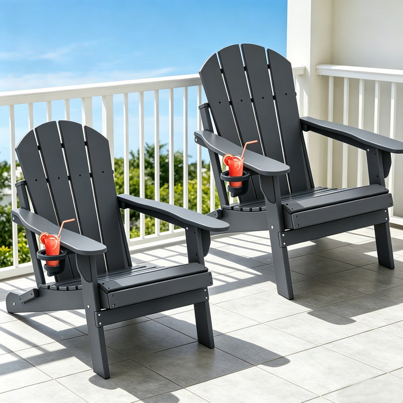 HDPE Folding Outdoor Adirondack Chair With Cup Holder (Set Of 2), Gray