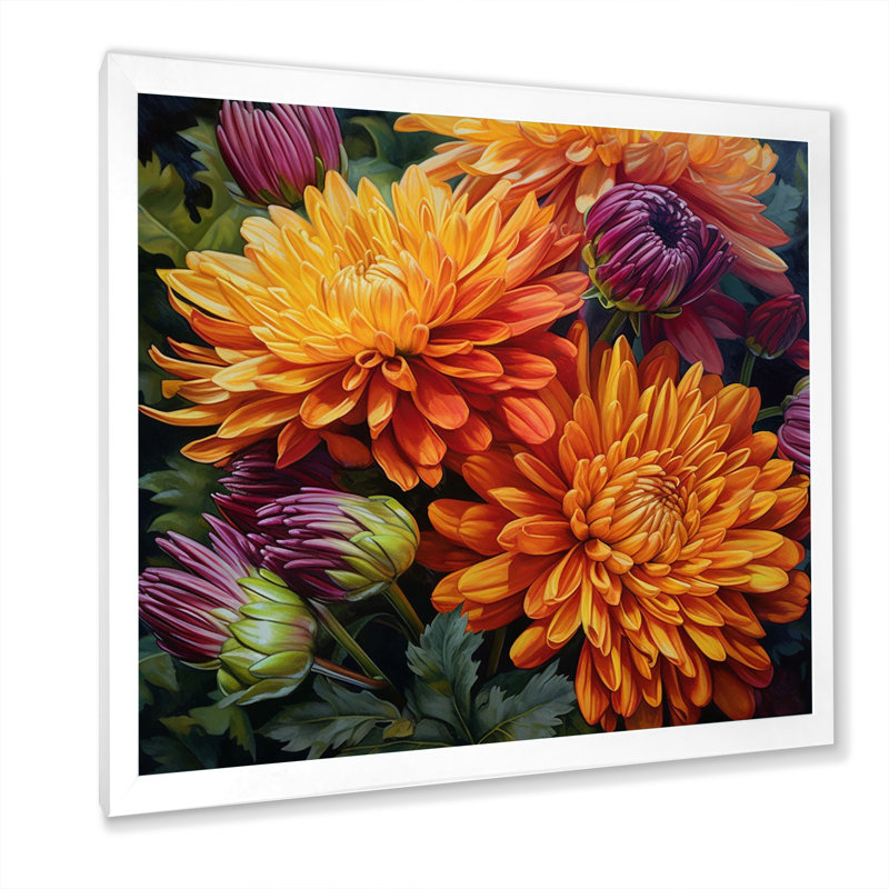 Orange mamans mauves en fleurs sur toile, H 36 po x l 36 po x P 1,5 po, Cadre simple blanc