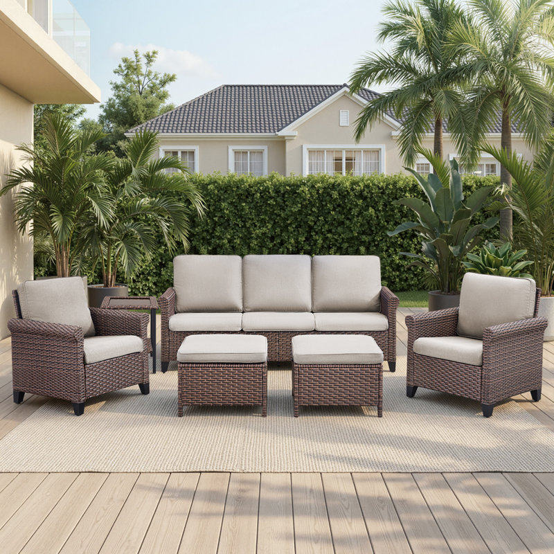 Ensemble de conversation 6 pièces en osier avec fauteuils et repose-pieds, Beige