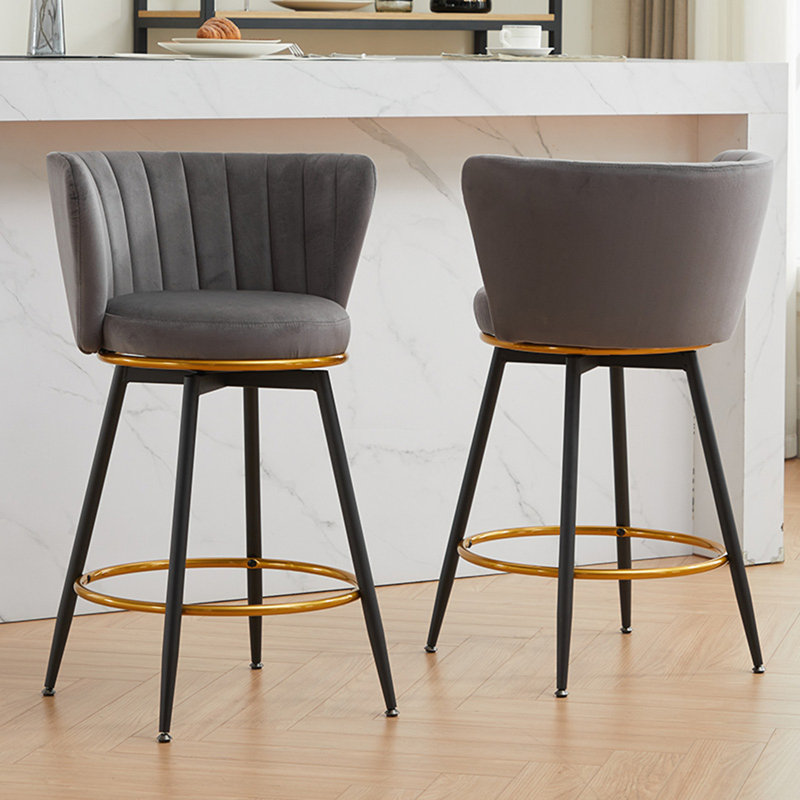 Counter Height Bar Stools Set Of 2, 360° Swivel Upholstered Barstools With Backs And Metal Legs, Mylen Fabric, Footrest