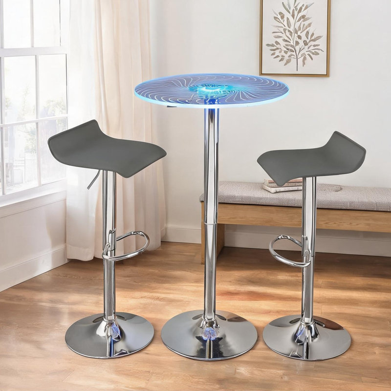 3-Piece Adjustable Bar Set with Light-Up Acrylic Tabletop and Classic Gray PVC Upholstery, Round Chrome Pedestal Design