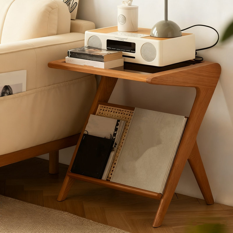 Z-Shaped Rattan End Table with Tempered Glass Top & Open Shelf, Bohemian Side Table for Living Room, Bedroom, or Home Office