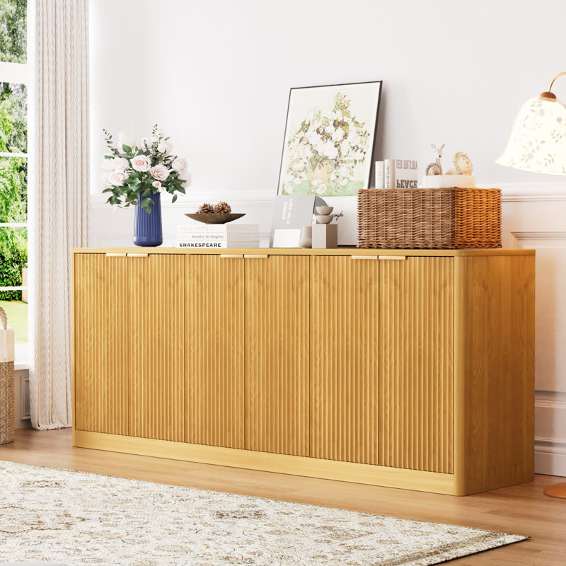 67'' Fluted 6-Door Sideboard Buffet Cabinet With Storage For Kitchen,Living Room,Walnut, Natural